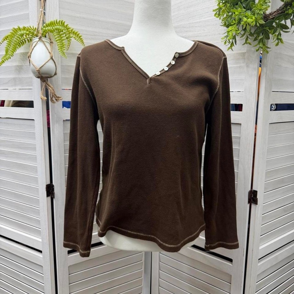 Vintage Y2K Brown waffle knit long sleeve top with button detail size L